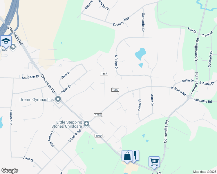 map of restaurants, bars, coffee shops, grocery stores, and more near 8820 Crestwood Drive in Garner