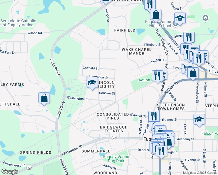 map of restaurants, bars, coffee shops, grocery stores, and more near 405 Cherry Street in Fuquay-Varina