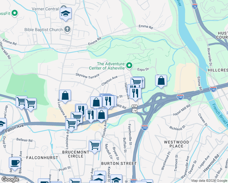 map of restaurants, bars, coffee shops, grocery stores, and more near 20 Townview Drive in Asheville