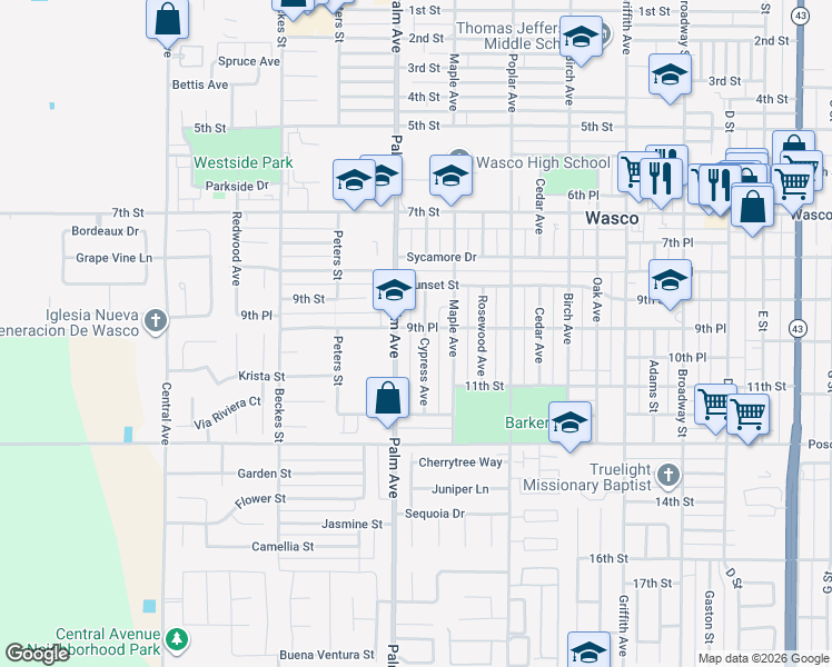map of restaurants, bars, coffee shops, grocery stores, and more near 1002 Palm Avenue in Wasco