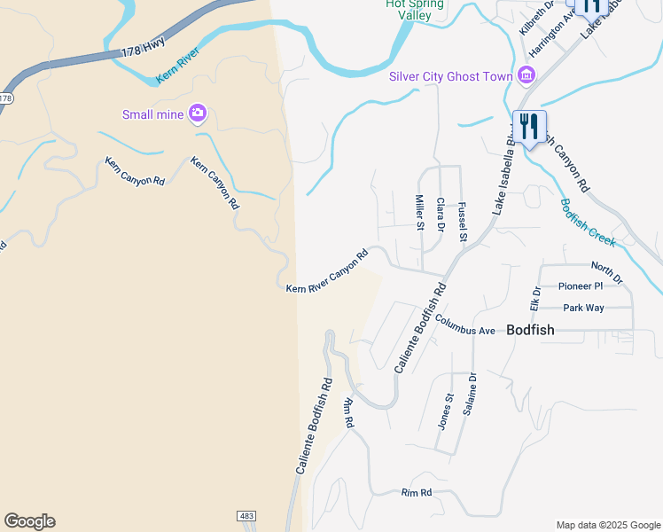 map of restaurants, bars, coffee shops, grocery stores, and more near 2835 Kern River Canyon Road in Bodfish