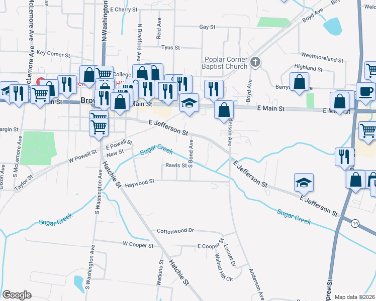 map of restaurants, bars, coffee shops, grocery stores, and more near 302 South Bond Avenue in Brownsville