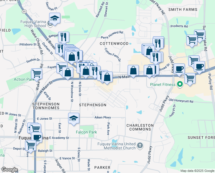 map of restaurants, bars, coffee shops, grocery stores, and more near 742 North Main Street in Fuquay-Varina