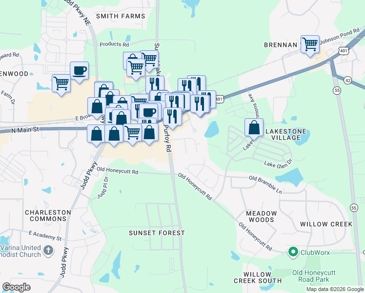 map of restaurants, bars, coffee shops, grocery stores, and more near 521 Cardena School Road in Fuquay-Varina