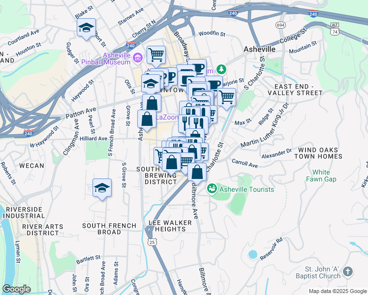 map of restaurants, bars, coffee shops, grocery stores, and more near 19 Church Street in Asheville