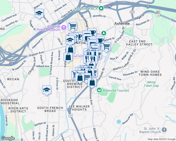 map of restaurants, bars, coffee shops, grocery stores, and more near 155 South Lexington Avenue in Asheville