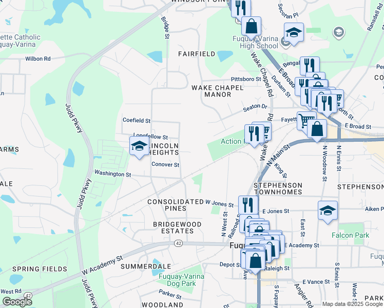 map of restaurants, bars, coffee shops, grocery stores, and more near 310 Cherry Street in Fuquay Varina