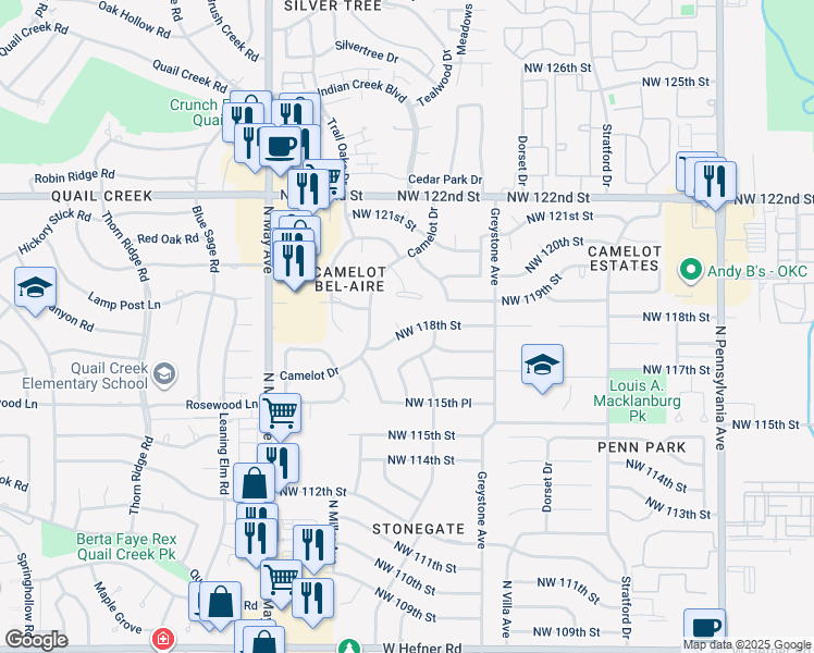 map of restaurants, bars, coffee shops, grocery stores, and more near 2617 Northwest 118th Street in Oklahoma City