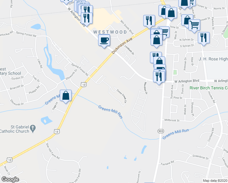 map of restaurants, bars, coffee shops, grocery stores, and more near Cross Creek Circle in Greenville