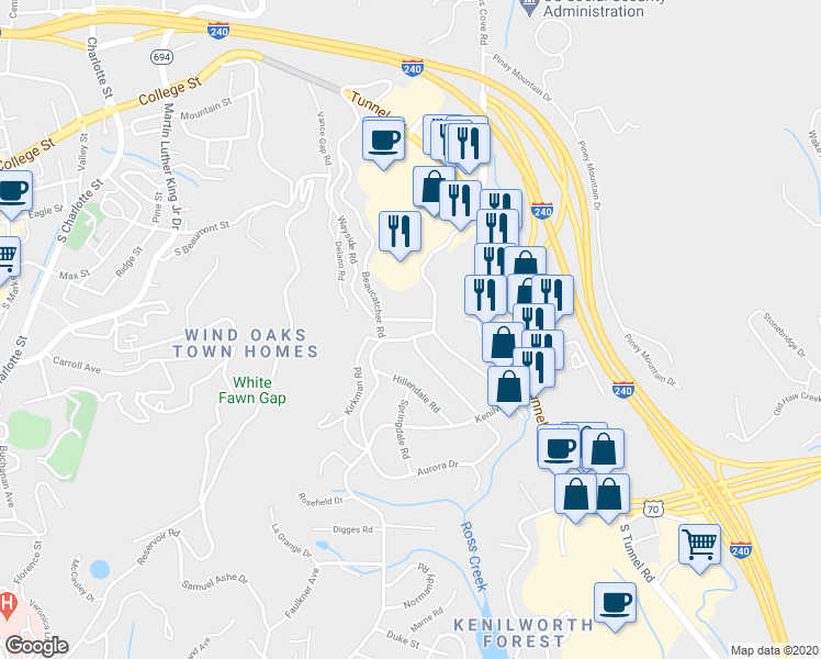 map of restaurants, bars, coffee shops, grocery stores, and more near 350 Beaucatcher Road in Asheville