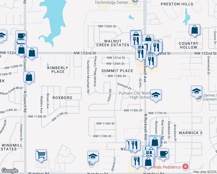 map of restaurants, bars, coffee shops, grocery stores, and more near 11719 Teton Rd in Oklahoma City