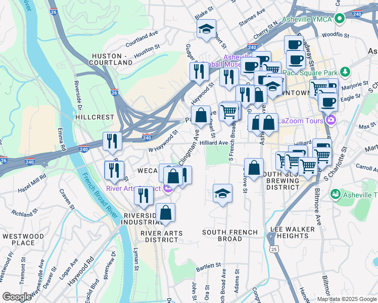map of restaurants, bars, coffee shops, grocery stores, and more near Clingman Avenue in Asheville