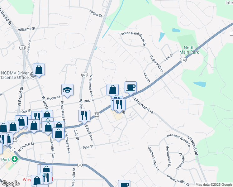 map of restaurants, bars, coffee shops, grocery stores, and more near 1016 North Main Street in Mooresville