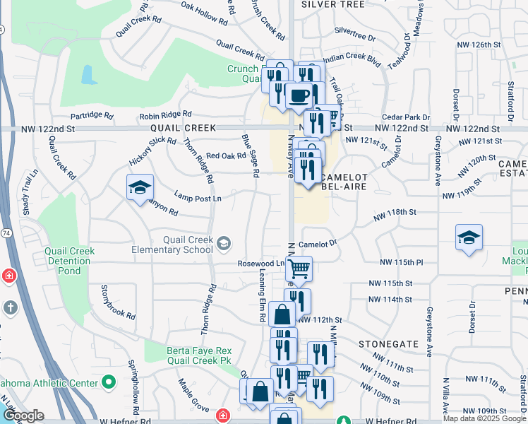 map of restaurants, bars, coffee shops, grocery stores, and more near 11825 Leaning Elm Road in Oklahoma City