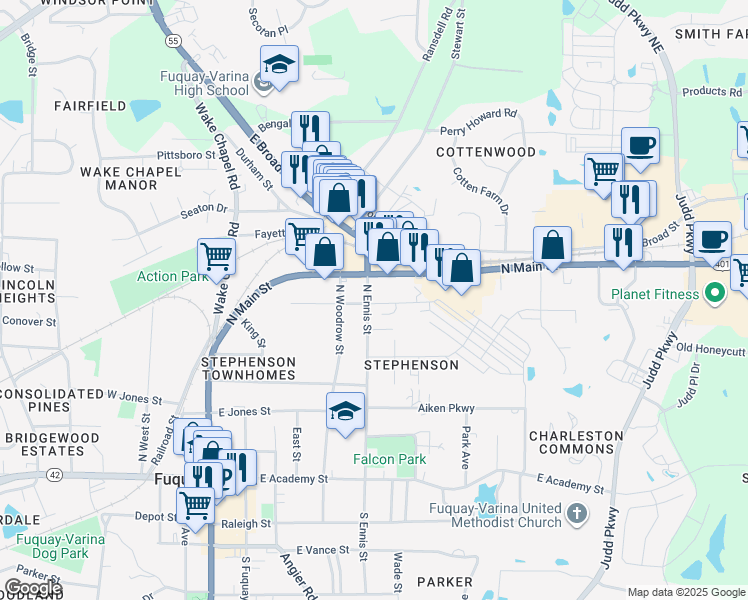 map of restaurants, bars, coffee shops, grocery stores, and more near 602 North Ennis Street in Fuquay Varina