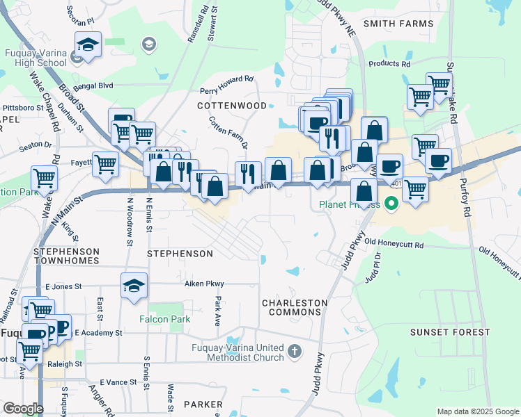 map of restaurants, bars, coffee shops, grocery stores, and more near 955 Trestleview Street in Fuquay-Varina