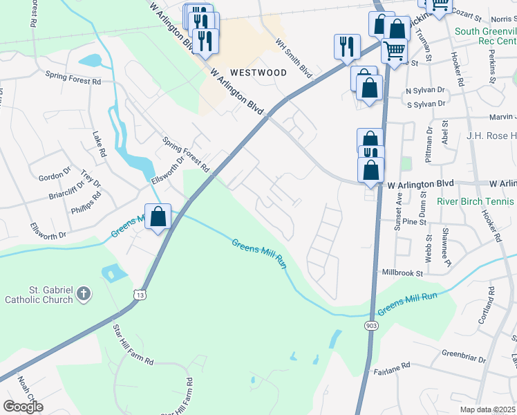 map of restaurants, bars, coffee shops, grocery stores, and more near 1212 Cross Creek Circle in Greenville