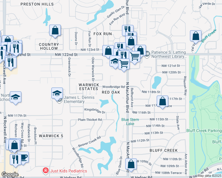 map of restaurants, bars, coffee shops, grocery stores, and more near 11817 Red Oak Way in Oklahoma City