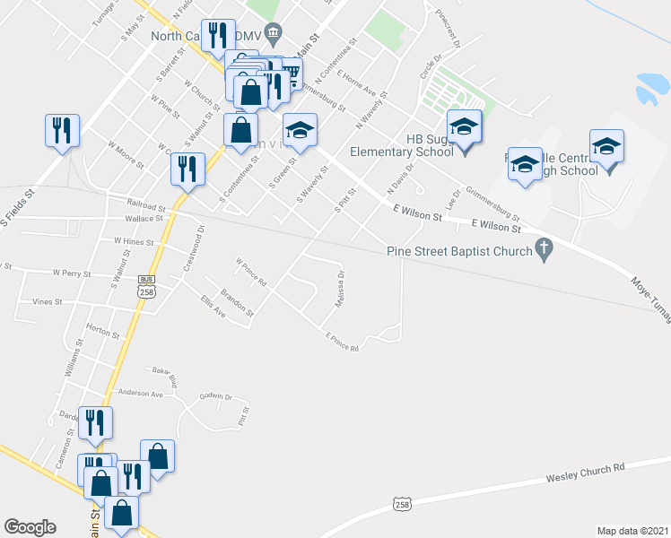 map of restaurants, bars, coffee shops, grocery stores, and more near 4185 Melissa Drive in Farmville