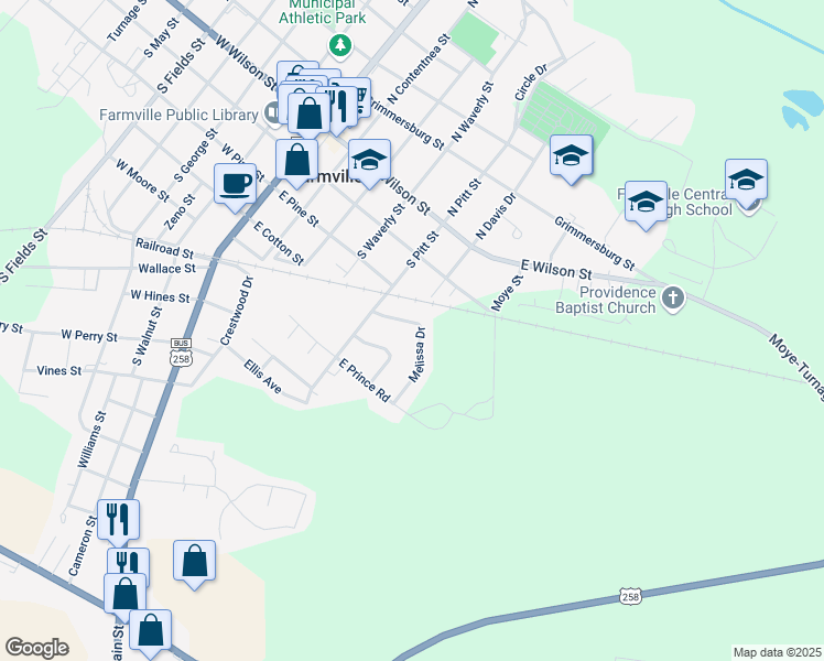 map of restaurants, bars, coffee shops, grocery stores, and more near 4185 Melissa Drive in Farmville