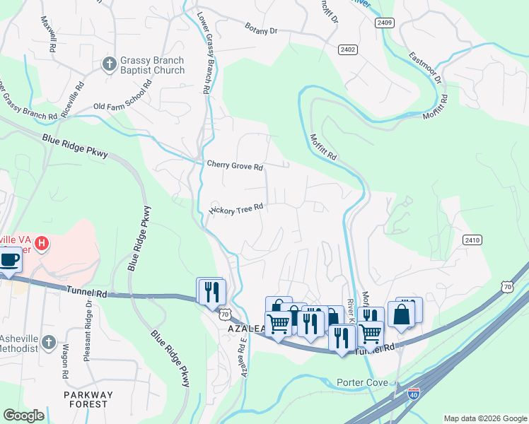 map of restaurants, bars, coffee shops, grocery stores, and more near 45 Shenandoah Road in Asheville