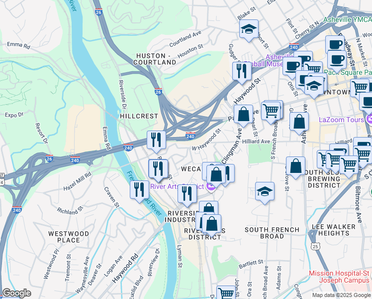 map of restaurants, bars, coffee shops, grocery stores, and more near 401 West Haywood Street in Asheville