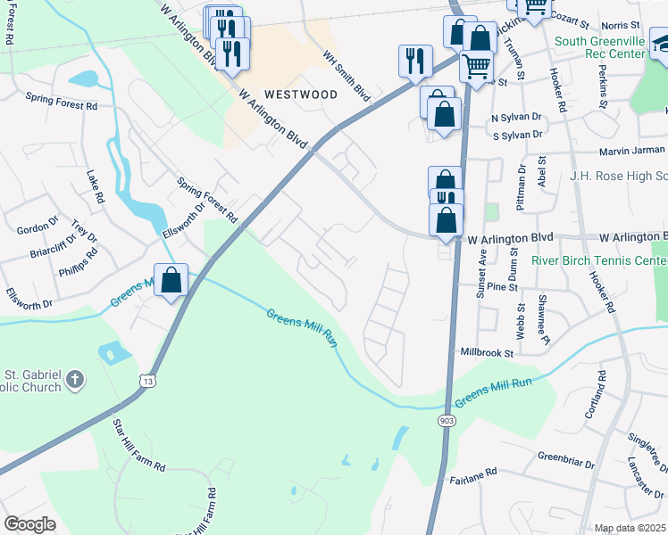 map of restaurants, bars, coffee shops, grocery stores, and more near 1221 Cross Creek Circle in Greenville