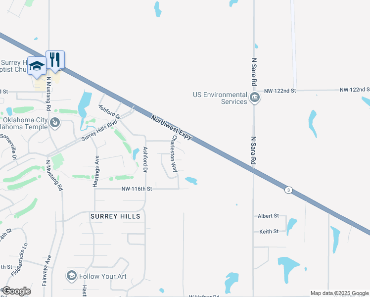 map of restaurants, bars, coffee shops, grocery stores, and more near 10809 Northwest 118th Place in Yukon