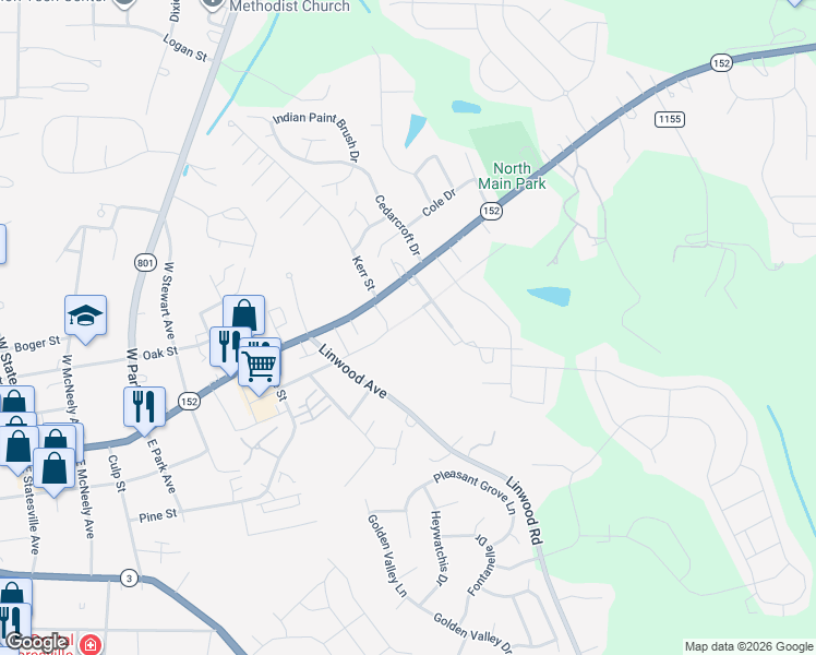 map of restaurants, bars, coffee shops, grocery stores, and more near 206 Kennerly Avenue in Mooresville