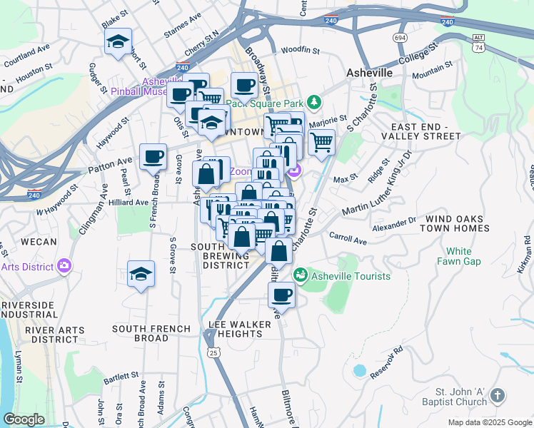 map of restaurants, bars, coffee shops, grocery stores, and more near 19 Church Street in Asheville