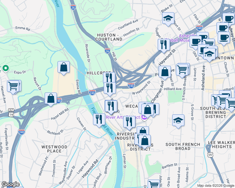 map of restaurants, bars, coffee shops, grocery stores, and more near 429 West Haywood Street in Asheville