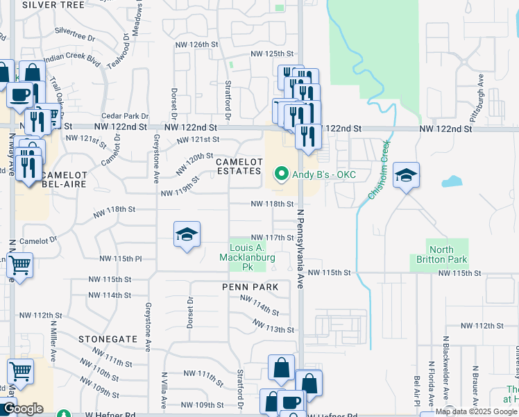 map of restaurants, bars, coffee shops, grocery stores, and more near 2216 Northwest 118th Street in Oklahoma City