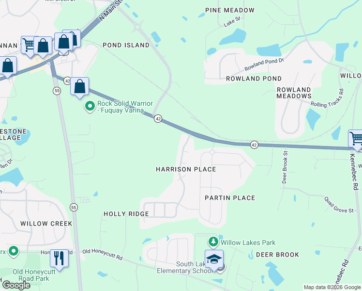 map of restaurants, bars, coffee shops, grocery stores, and more near 1815 Glacier Court in Fuquay-Varina