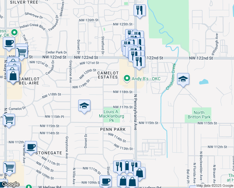 map of restaurants, bars, coffee shops, grocery stores, and more near 2216 Northwest 118th Street in Oklahoma City