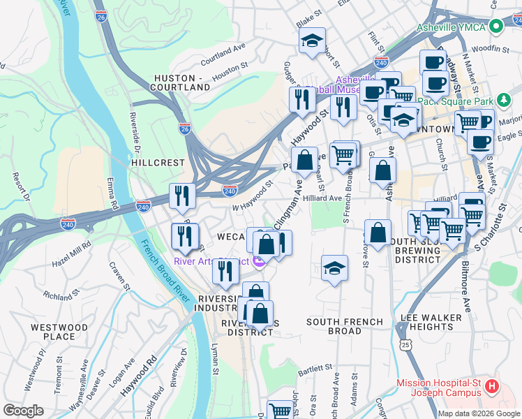 map of restaurants, bars, coffee shops, grocery stores, and more near 78 Owens Bell Lane in Asheville