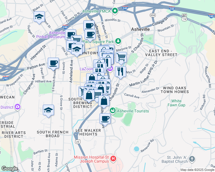 map of restaurants, bars, coffee shops, grocery stores, and more near 130 U.S. 25 in Asheville