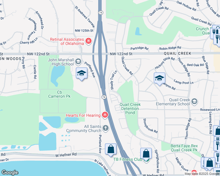map of restaurants, bars, coffee shops, grocery stores, and more near 11903 Shady Trail Lane in Oklahoma City
