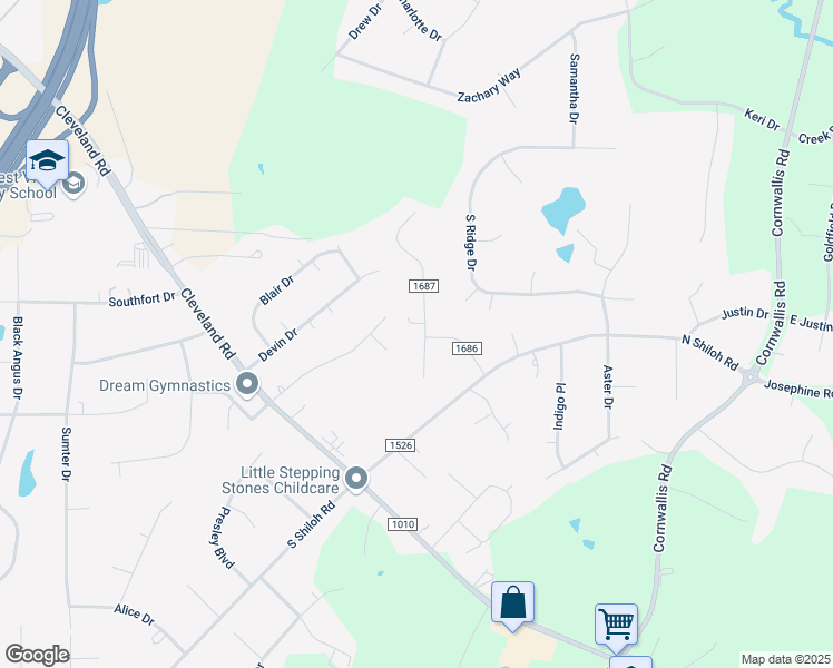 map of restaurants, bars, coffee shops, grocery stores, and more near 8820 Crestwood Drive in Garner