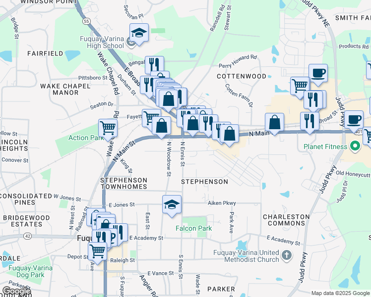 map of restaurants, bars, coffee shops, grocery stores, and more near 602 North Ennis Street in Fuquay Varina