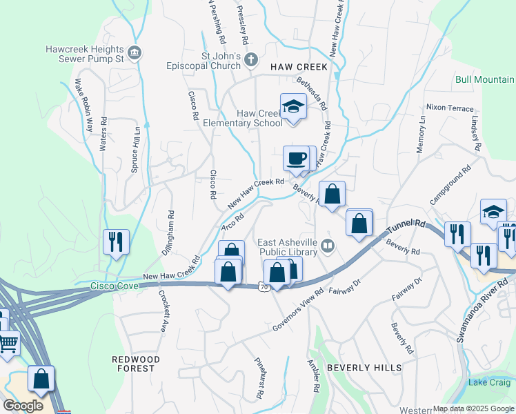 map of restaurants, bars, coffee shops, grocery stores, and more near 31 Arco Road in Asheville