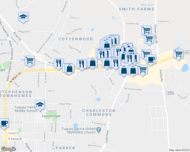 map of restaurants, bars, coffee shops, grocery stores, and more near 400 Smithwood Street in Fuquay Varina