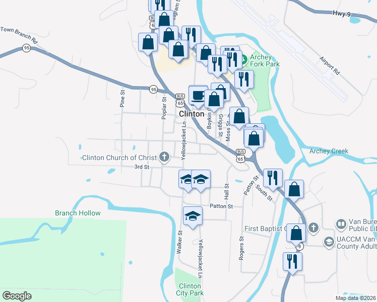 map of restaurants, bars, coffee shops, grocery stores, and more near 5 Joe Bowling Road in Clinton
