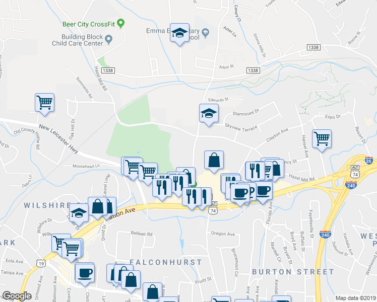 map of restaurants, bars, coffee shops, grocery stores, and more near 392 North Louisiana Avenue in Asheville