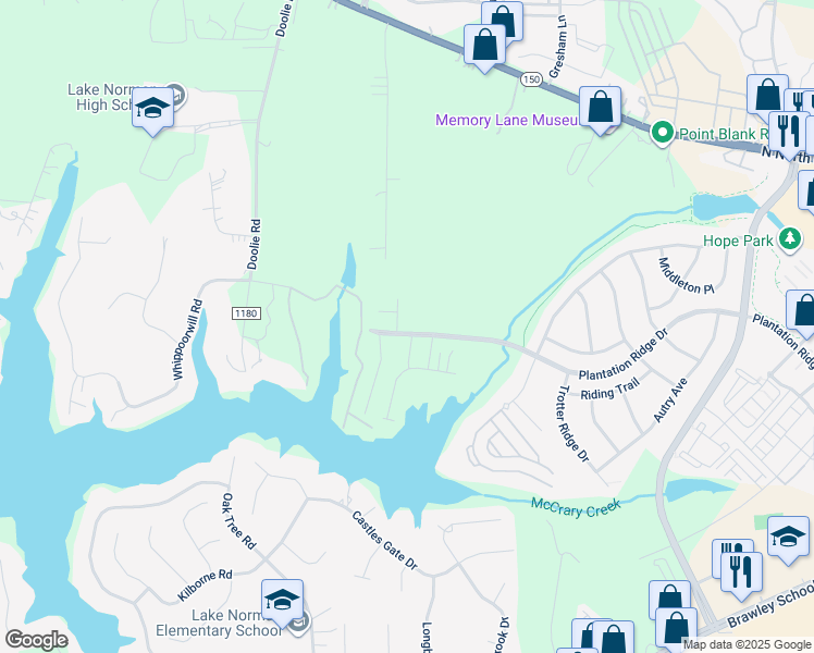 map of restaurants, bars, coffee shops, grocery stores, and more near 104 Serravista Street in Mooresville