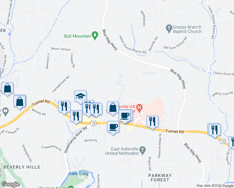 map of restaurants, bars, coffee shops, grocery stores, and more near 126 La Mancha Drive in Asheville