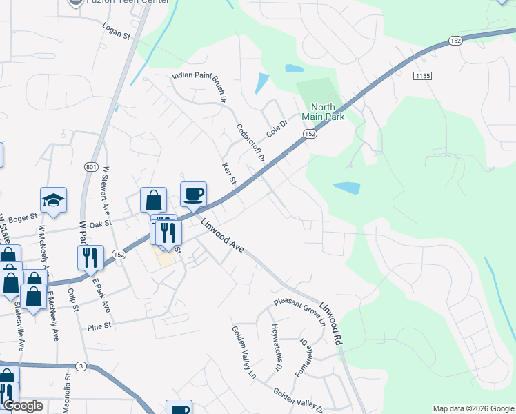 map of restaurants, bars, coffee shops, grocery stores, and more near 206 Kennerly Avenue in Mooresville