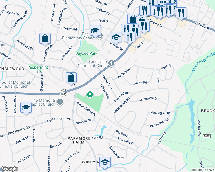 map of restaurants, bars, coffee shops, grocery stores, and more near 204 Adams Boulevard in Greenville