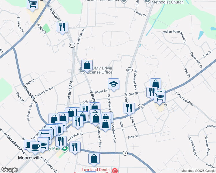 map of restaurants, bars, coffee shops, grocery stores, and more near 251 West McNeely Avenue in Mooresville