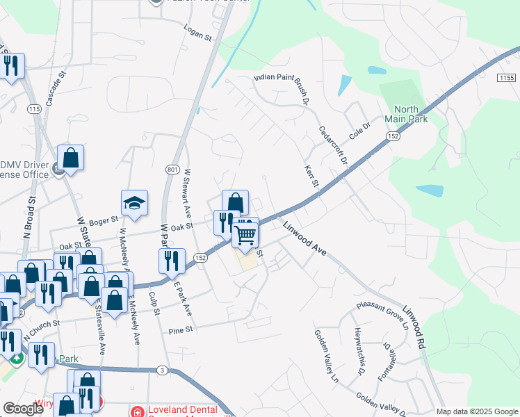map of restaurants, bars, coffee shops, grocery stores, and more near 1016 North Main Street in Mooresville