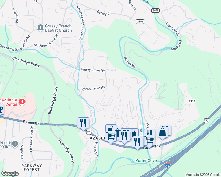map of restaurants, bars, coffee shops, grocery stores, and more near 57 Hickory Tree Road in Asheville